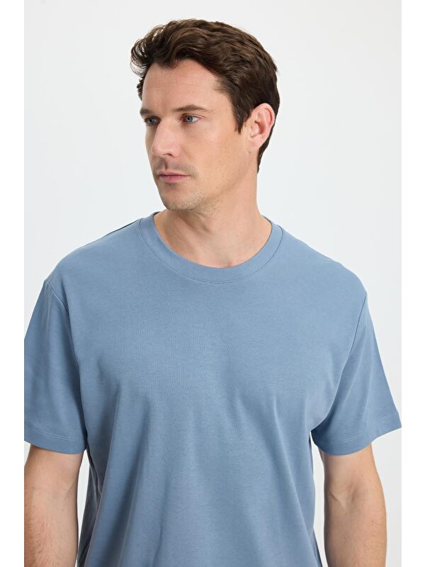 TUDORS Unisex Relax Fit Rahat Kesim %100 Pamuk Yumuşak Dokulu Basic Bisiklet Yaka Mavi Tişört
