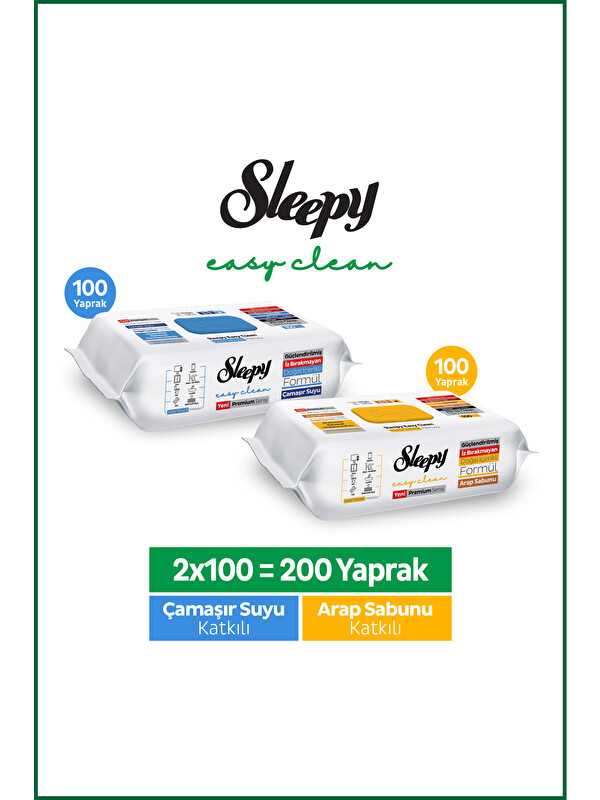 Sleepy Easy Clean Premium Arap Sabunu+Çamaşır Suyu Yüzey Temizlik Havlusu Mendili 100+100 (200 Yaprak)