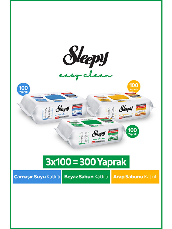 Sleepy Easy Clean Premium Beyaz Sabun+Çamaşır Suyu+Arap Sabunu Yüzey Temizlik Havlusu Mendili 300 Yaprak