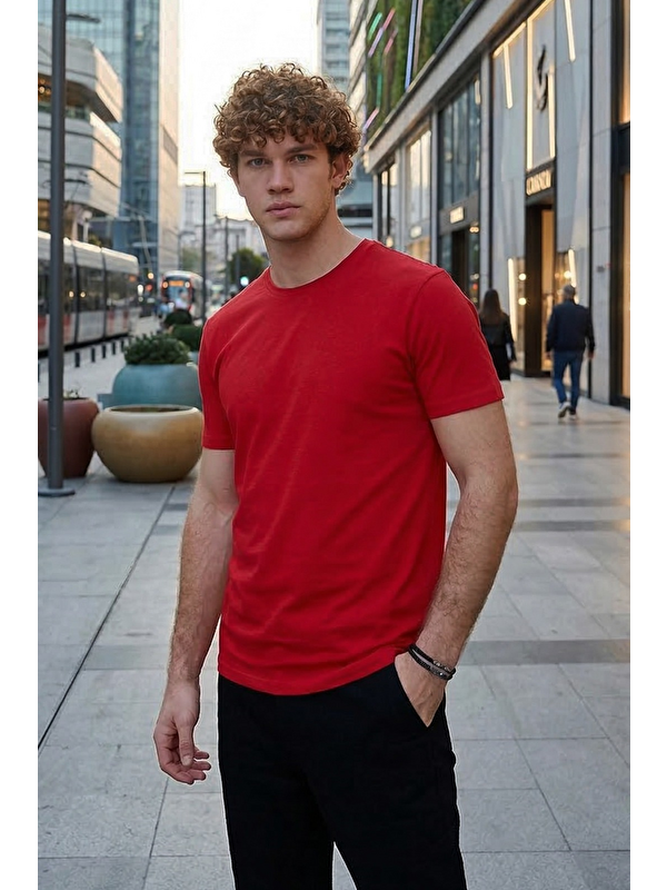 TUDORS Unisex Slim Fit Dar Kesim %100 Pamuk Yumuşak Dokulu Kırmızı Bisiklet Yaka Tişört