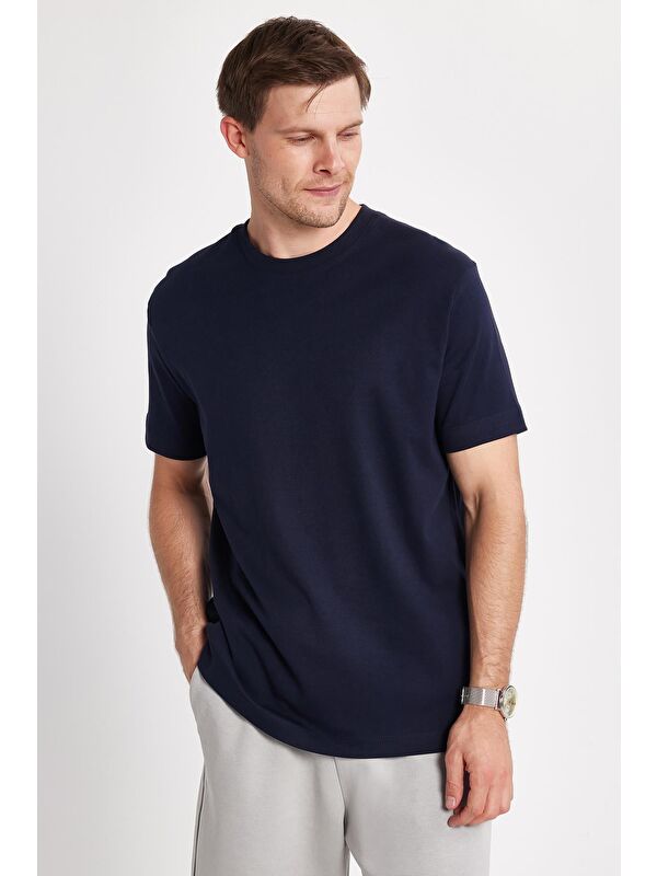 TUDORS Unisex Relax Fit Rahat Kesim %100 Pamuk Yumuşak Dokulu Basic Bisiklet Yaka Lacivert Tişört
