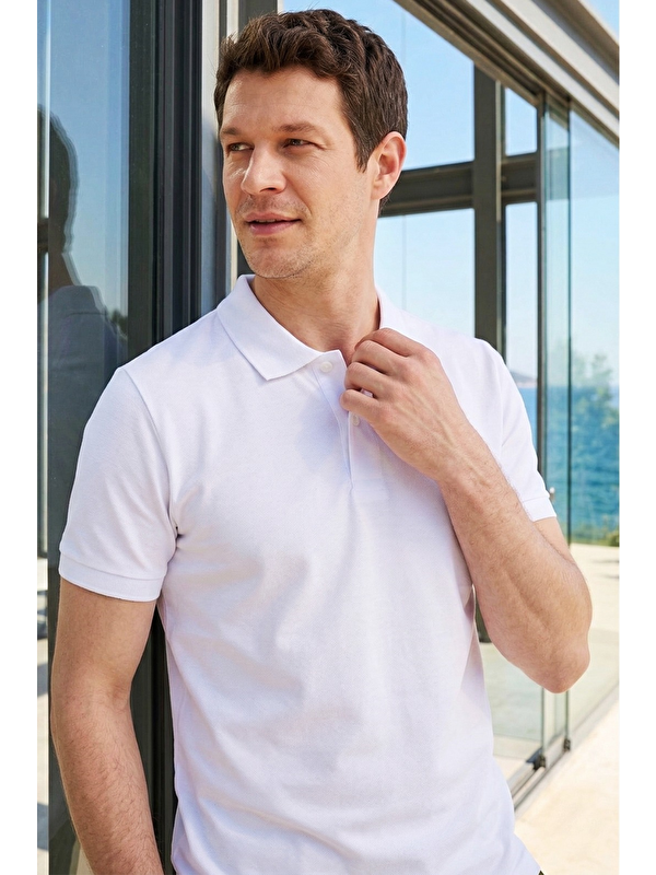 TUDORS Erkek Polo Yaka Slim Fit Düz Pamuk Pike Tişört