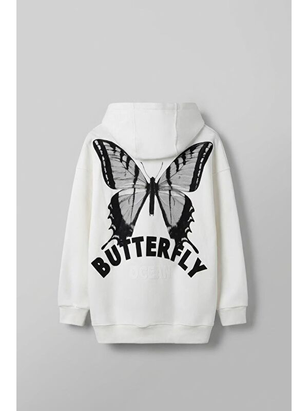 Abluka Online Erkek Oversize Butterfly Baskılı Kapüşonlu Hoodie Beyaz