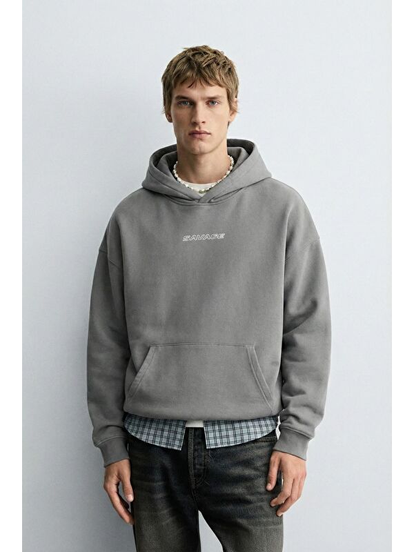 Abluka Online Unisex Oversize Savage Baskılı Premium Kapüşonlu Erkek Hoodie Gri