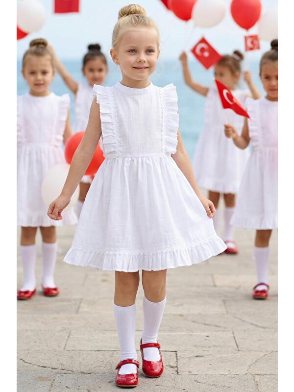 Parla Kids Kız Çocuk Eloise Keten Kolsuz Fırfırlı Dantel Detaylı Elbise Toka Takım Gösteri Kıyafeti