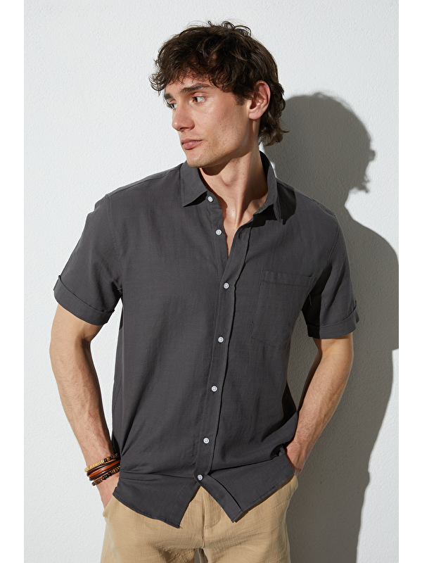 TUDORS Erkek Regular Fit Klasik Kesim Oversize %100 Pamuk Keten Doku Cepli Gri Gömlek