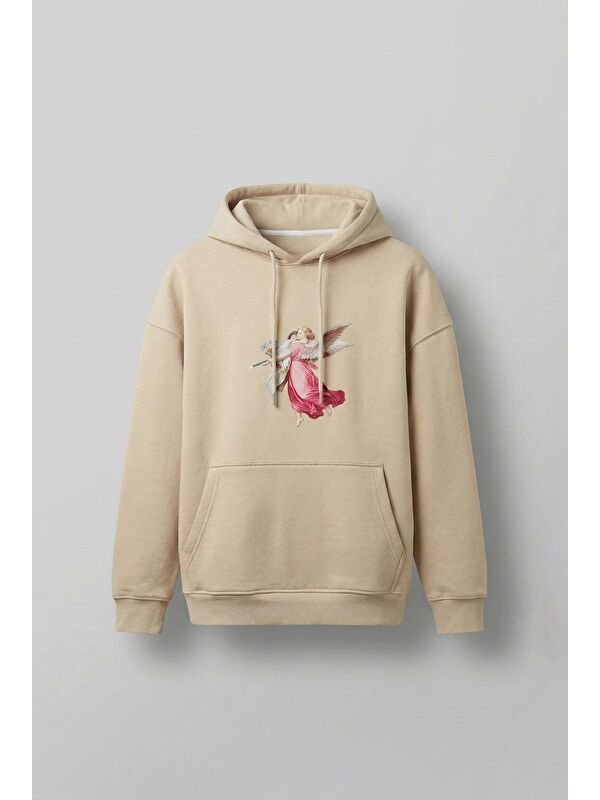Abluka Online Erkek Oversize 'Hero Angel' Baskılı Kapüşonlu Sweatshirt Bej