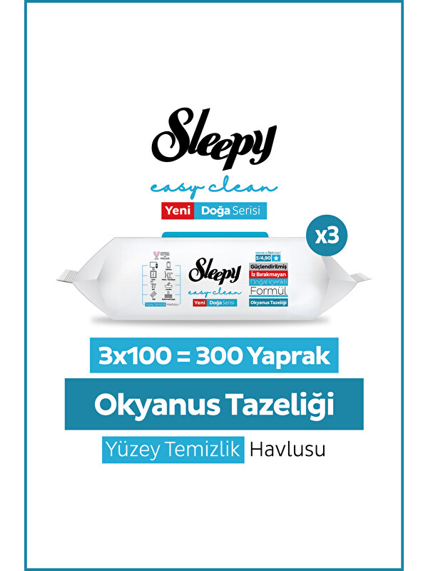 Sleepy Ocean Yüzey Temizlik Havlusu Mendili Okyanus Tazeliği 3x100 (300 Yaprak)