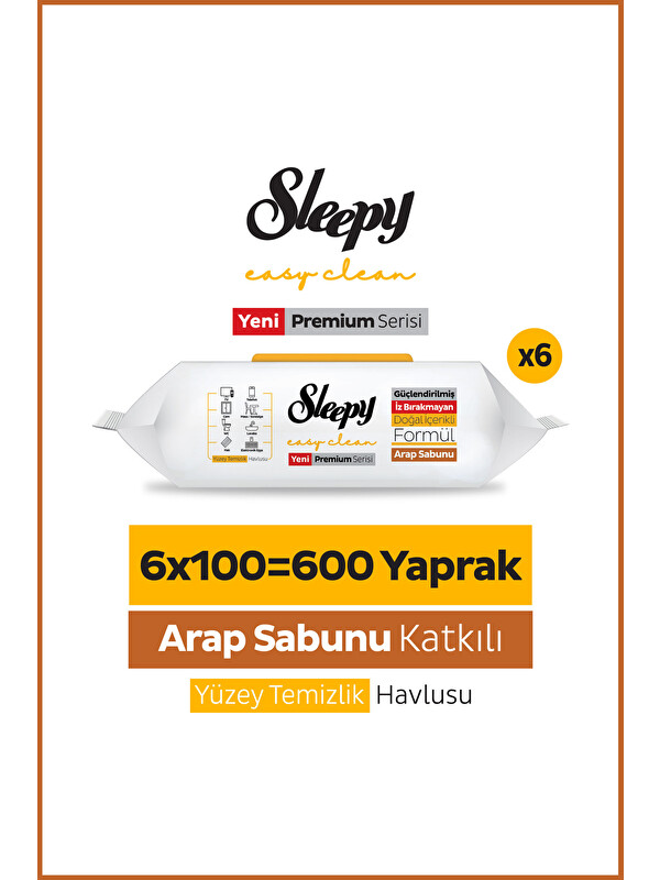 Sleepy Easy Clean Premium Arap Sabunu Katkılı Yüzey Temizlik Havlusu Mendili 6x100 (600 Yaprak)