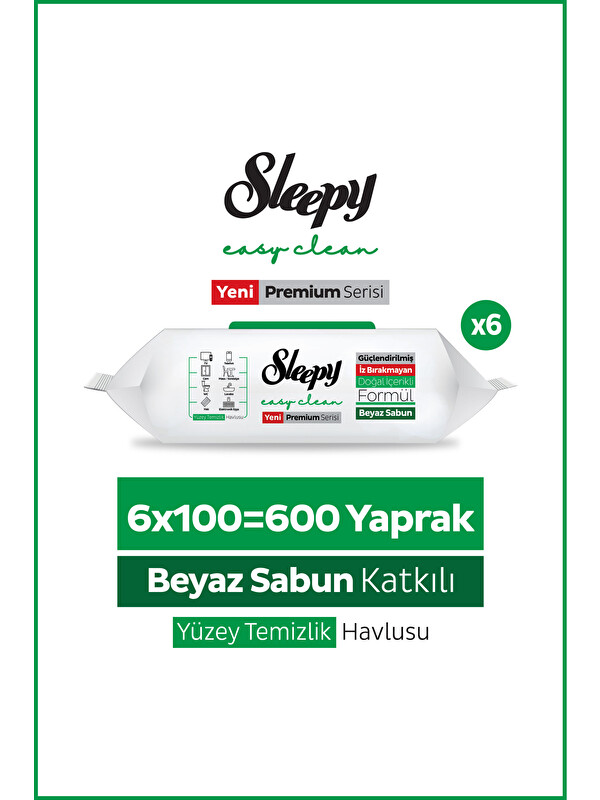 Sleepy Easy Clean Premium Beyaz Sabun Katkılı Yüzey Temizlik Havlusu Mendili 6x100 (600 Yaprak)