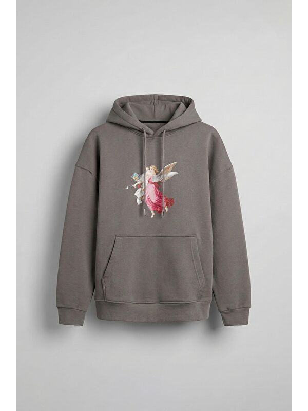Abluka Online Erkek Oversize 'Hero Angel' Baskılı Kapüşonlu Sweatshirt Gri
