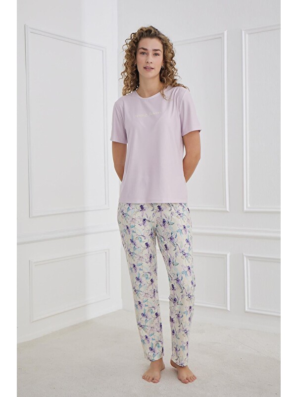 Kompedan Kadın Bisiklet Yaka Çiçek Desenli Pijama Takım | Lila 30102-1168