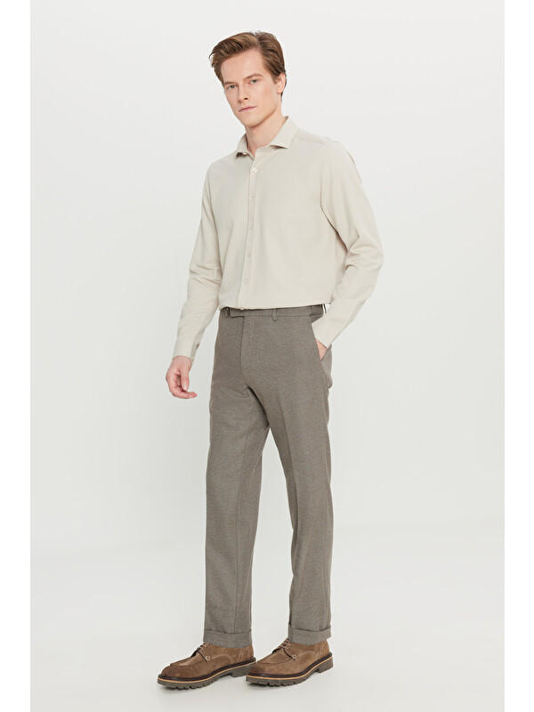 Altınyıldız Classics Erkek Vizon Slim Fit Beli Gizli Lastikli Diagonal Desenli Yan Cepli Esnek Klasik Pantolon
