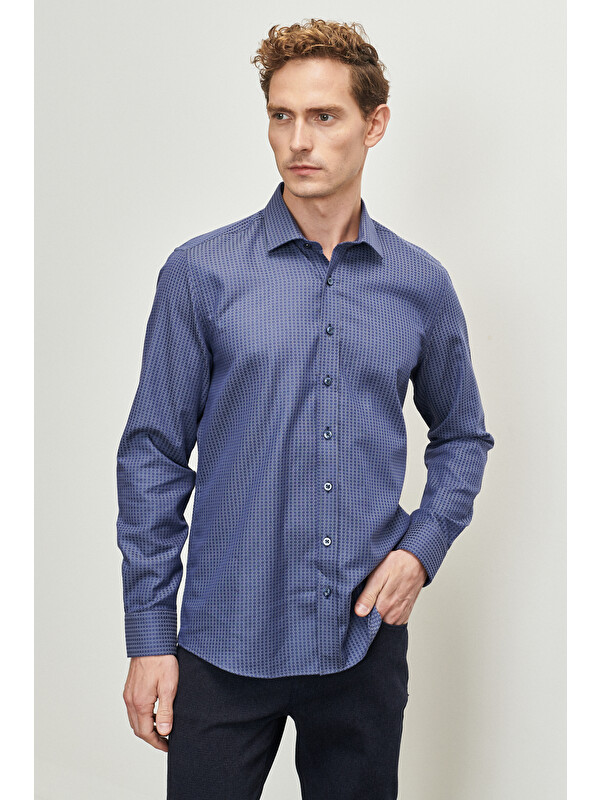 Altınyıldız Classics Erkek Lacivert-Gri Slim Fit Dar Kesim Klasik Yaka %100 Pamuk Armürlü Gömlek