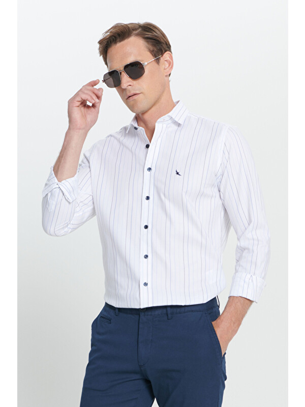 Altınyıldız Classics Erkek Beyaz-Mavi Slim Fit Dar Kesim Küçük İtalyan Yaka Çizgili Oxford Gömlek
