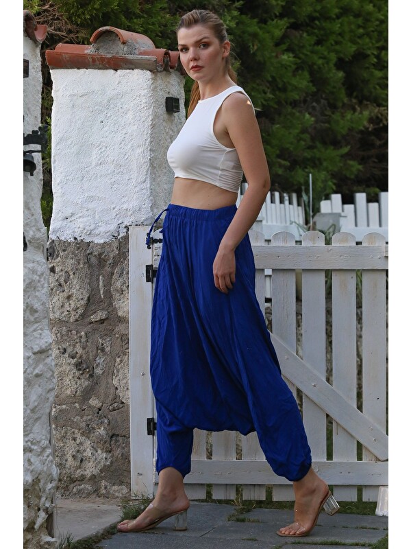 Chiccy Saks Mavisi Yıkamalı Lastikli Bel Şalvar Paça Casual Krinkıl Dokuma Pantolon 95 80