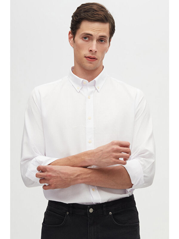 D'S damat Slim Fit Beyaz Armürlü Düğmeli Yaka Pamuklu Gömlek