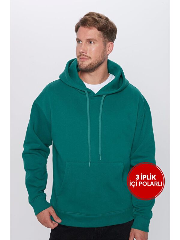 TUDORS Unisex Oversize Geniş Kesim Pamuklu Yumuşak Dokulu İçi Polarlı Basic Yeşil Kapüşonlu Erkek Hoodie