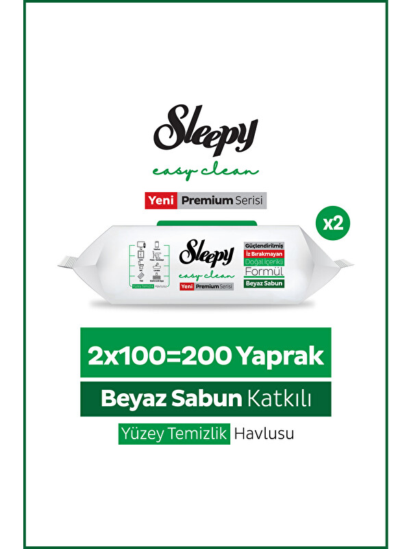 Sleepy Easy Clean Premium Beyaz Sabun Katkılı Yüzey Temizlik Havlusu Mendili 2x100 (200 Yaprak)
