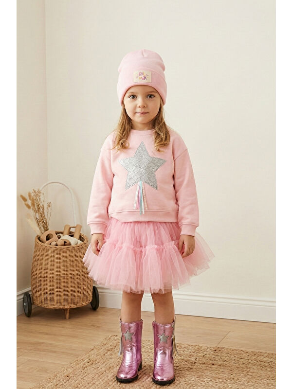 Le Mabelle Pembe Yıldız Nakışlı Kurdele Detaylı Kız Çocuk Sweatshirt