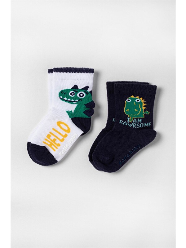 Katia And Bony 2 Li Paket Teal Tales Dinozor Bebek Çorap Lacivert/Beyaz