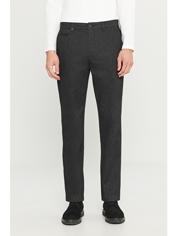 Altınyıldız Classics Erkek Siyah Pamuklu Regular Fit Normal Kesim Diagonal Desenli Yan Cepli Esnek Casual Pantolon