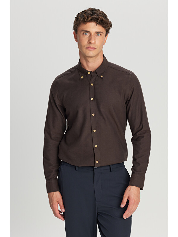Altınyıldız Classics Erkek Kahverengi %100 Pamuk Slim Fit Dar Kesim Düğmeli Yaka Diagonal Desenli Flanel Gömlek