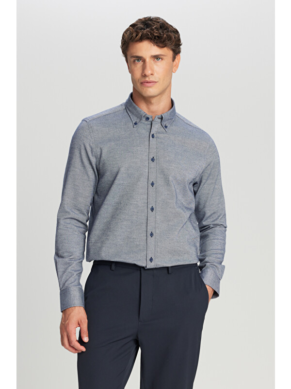 Altınyıldız Classics Erkek Lacivert %100 Pamuk Slim Fit Dar Kesim Düğmeli Yaka Diagonal Desenli Flanel Gömlek