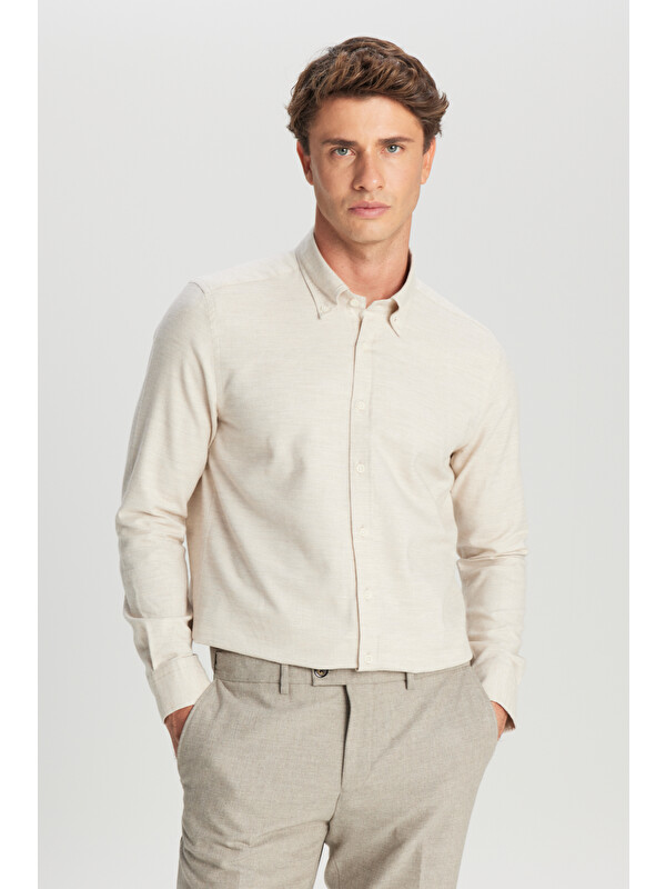 Altınyıldız Classics Erkek Bej %100 Pamuk Slim Fit Dar Kesim Düğmeli Yaka Diagonal Desenli Flanel Gömlek