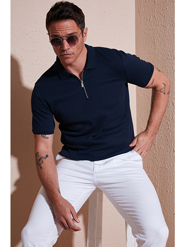 Buratti Pamuklu Regular Fit Fermuarlı Erkek Polo Yaka %100 Pamuk Tişört 5902738
