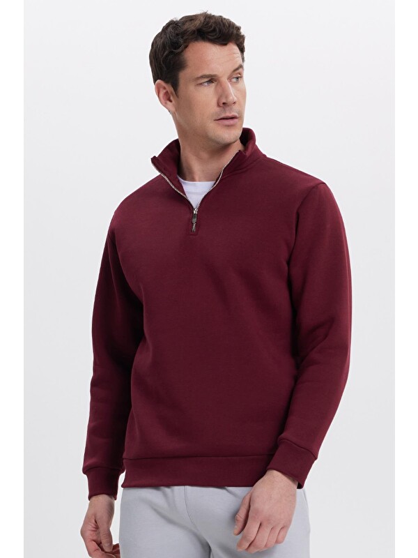 TUDORS Unisex Relax Fit Rahat Kesim Pamuklu İçi Polarlı Yarım Fermuarlı Bordo Dik Yaka Sweatshirt