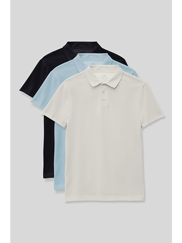 Tommylife Standart Fit Basic Polo Yaka 3lü Paket Lacivert-Ekru-Açık Mavi Unisex Çocuk T-Shirt - 11330