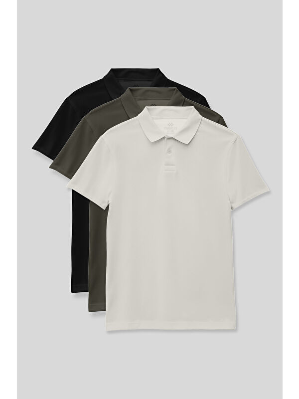 Tommylife Standart Fit Basic Polo Yaka 3lü Paket Siyah-Haki-Ekru Unisex Çocuk T-Shirt - 11330