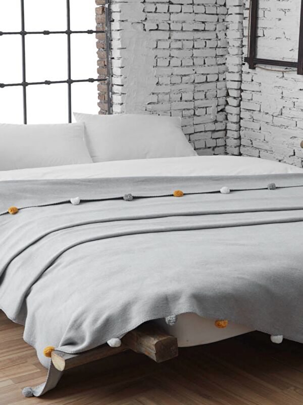 Dolce Bonita Home Çift Kişilik Ponponlu Pike Battaniye 200x220 Gri