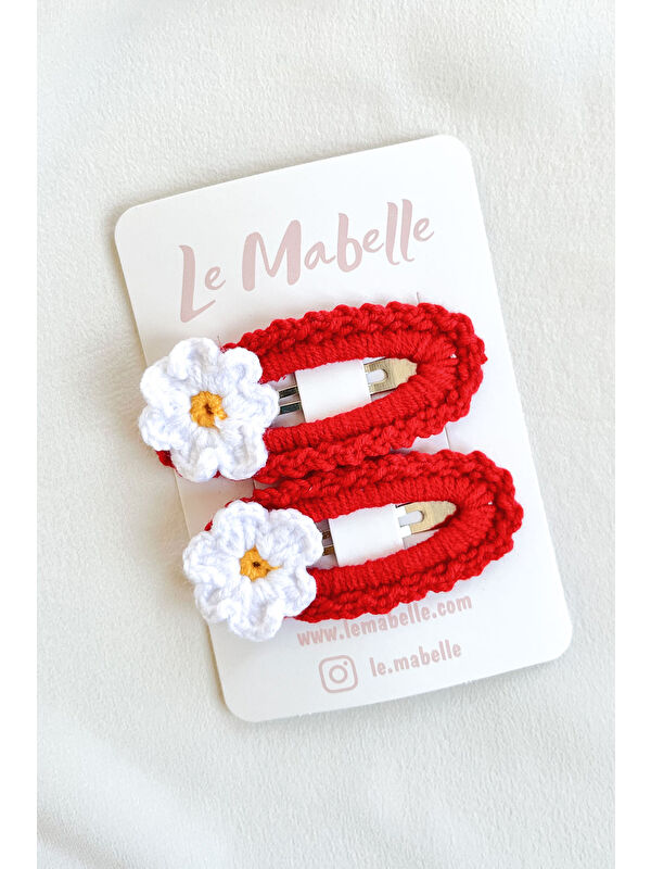 Le Mabelle Kırmızı Örgü Çiçek 2'li Toka Set