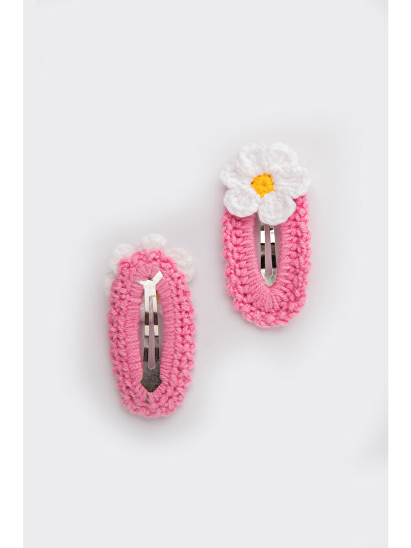 Le Mabelle Pembe Örgü Çiçek 2'li Toka Set