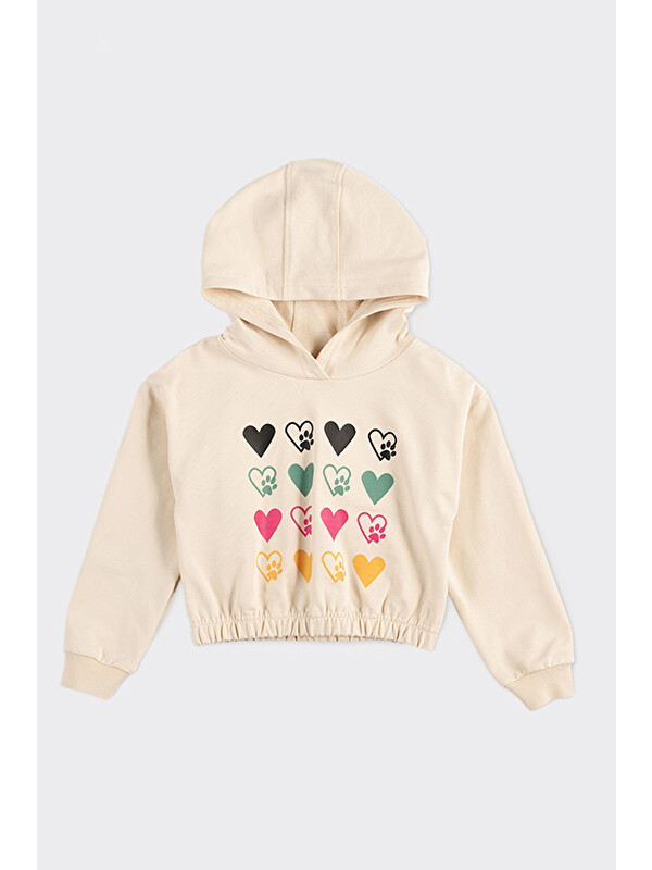 Panço Kız Çocuk Baskı Detaylı Kapüşonlu Bej Sweatshirt