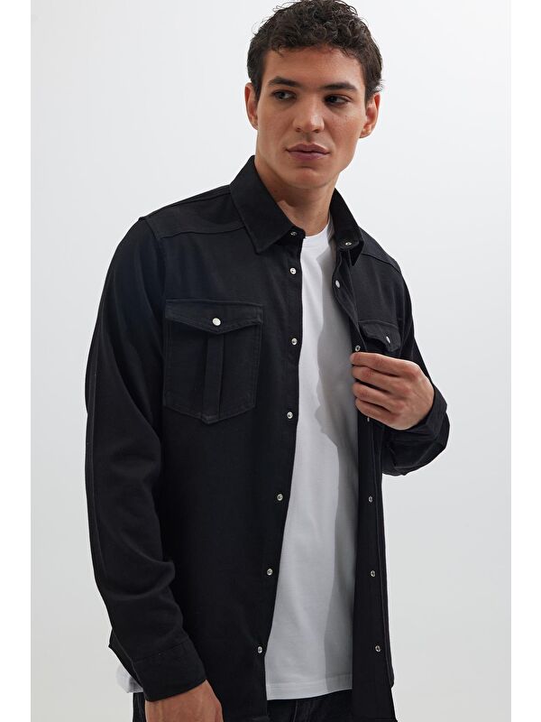 TUDORS Slim Fit Uzun Kollu Dar Kesim Denim Jean Çift Cepli Spor Yaka Erkek Siyah %100 Pamuk Gömlek