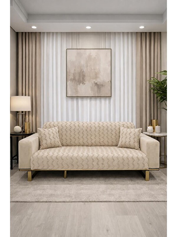 Çeyiz Diyarı Lumpa Kırlent Kılıfı Hediyeli 170x210 cm Pamuklu Koltuk Örtüsü Bej