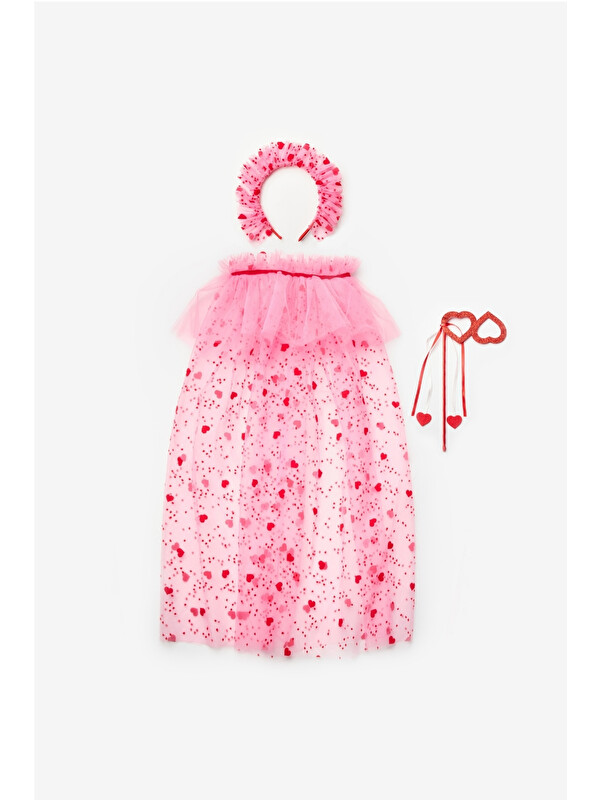 Le Mabelle Pembe Flok Kalp Baskılı Kız Çocuk Pelerin Asa ve Taç Set