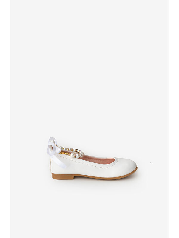 Beyaz İncili Topuğu Fiyonklu Kız Çocuk Ayakkabı - Görsel 3