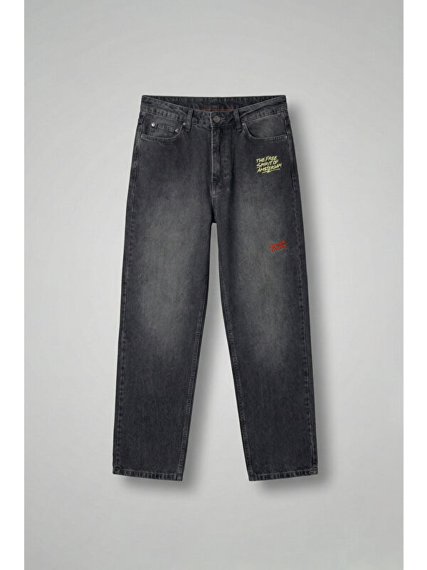 Abluka Online Erkek Baggy Fit Nakışlı Frayed Jean Pantolon Siyah