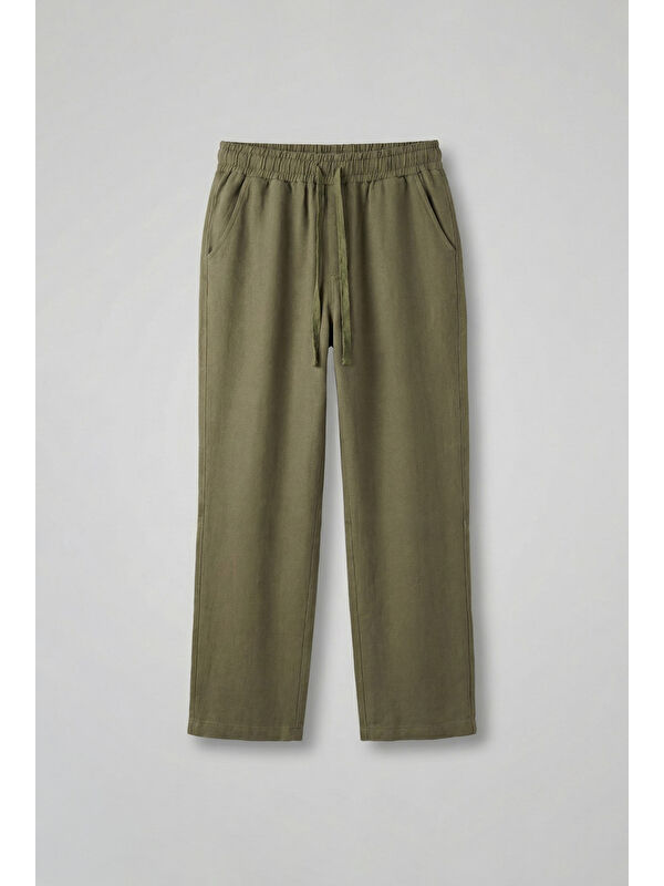 Abluka Online Erkek Baggy Fit Keten Pantolon Haki Yeşil