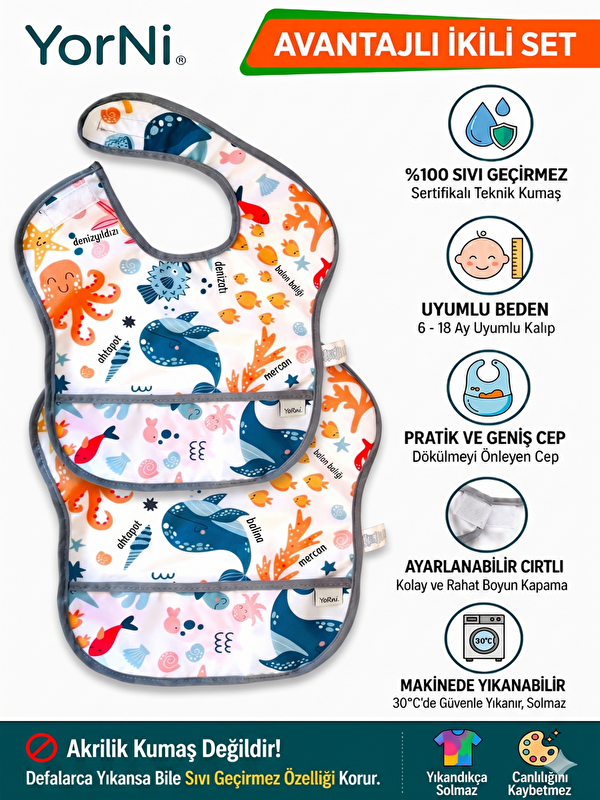 Yorni 2 ADET 6-24ay SEA, Boyundan Cırtlı, Sıvı Geçirmez, Makinede Yıkanabilir, Cepli Bebek Mama Önlüğü