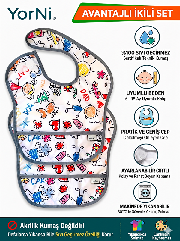Yorni 2 ADET 6-24ay Family Boyundan Cırtlı, Sıvı Geçirmez, Makinede Yıkanabilir, Cepli Bebek Mama Önlüğü