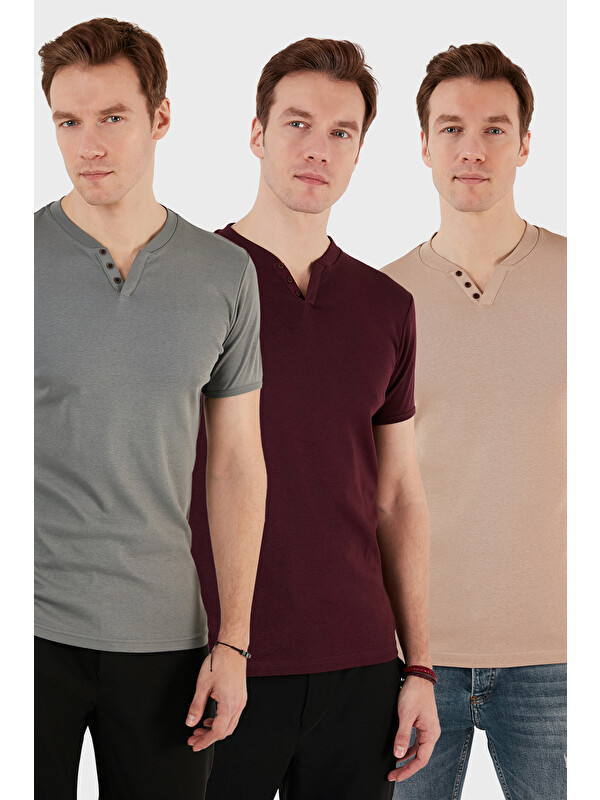 Buratti Pamuklu Düğme Detaylı Regular Fit V Yaka 3'lü Paket T Shirt 5902122S3