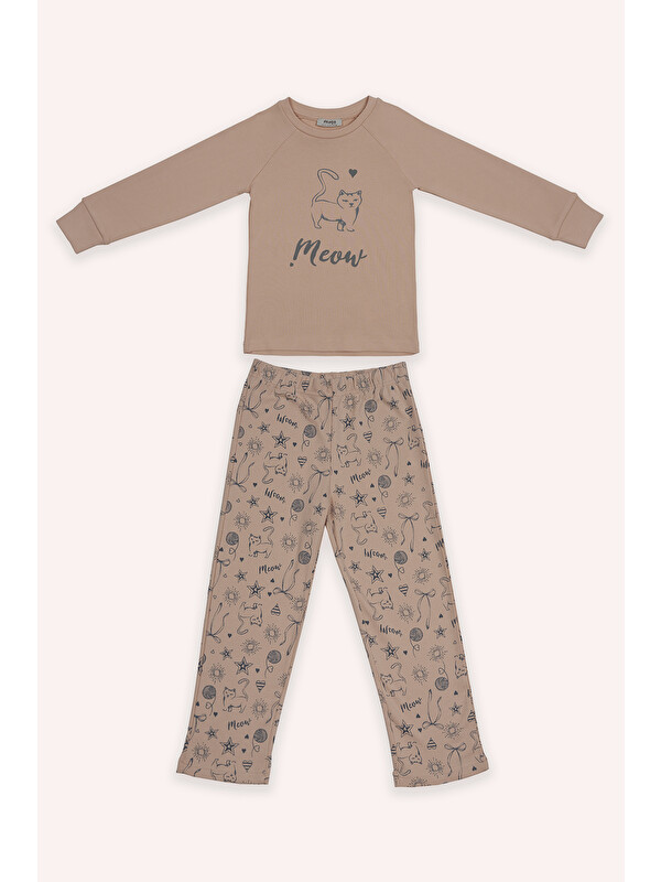 Panço Kız Çocuk Kedi Baskılı Somon Pijama Takımı