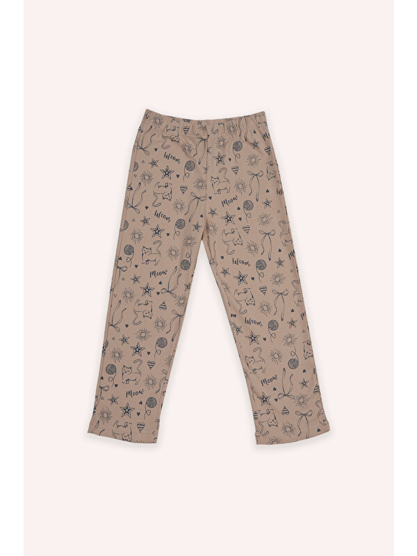 Panço Kız Çocuk Kedi Baskılı Somon Pijama Takımı