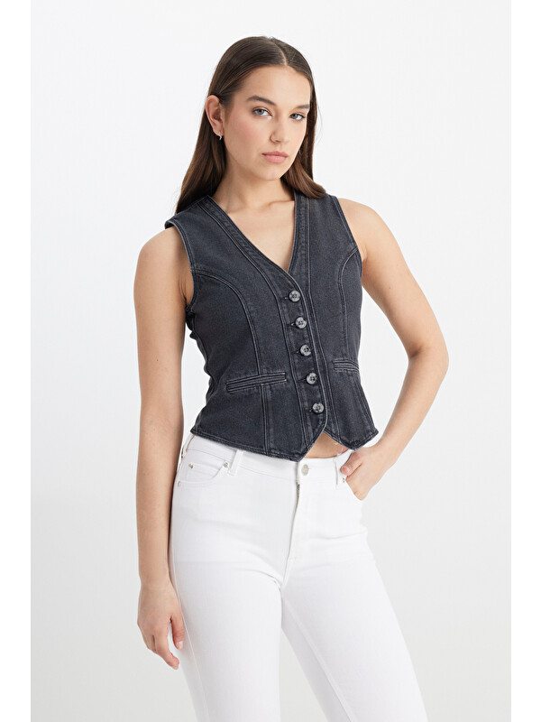 Lee Regular Fit V Yaka %100 Pamuk Antrasit Jean Yelek