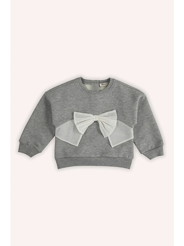 Panço Kız Bebek Tül Fiyonk Detaylı Gri-Melanj Sweatshirt